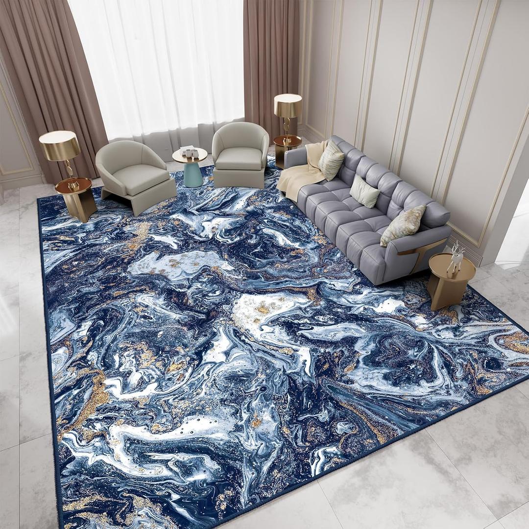 Washable Area Rug 9x12 - Artistic Style Modern Rug for Living Room Bedroom Dining Room, Soft Low Pile Machine Washable Carpet, Non Slip Non Shedding Area Rug - Dark Blue/Gold, 9'x12'