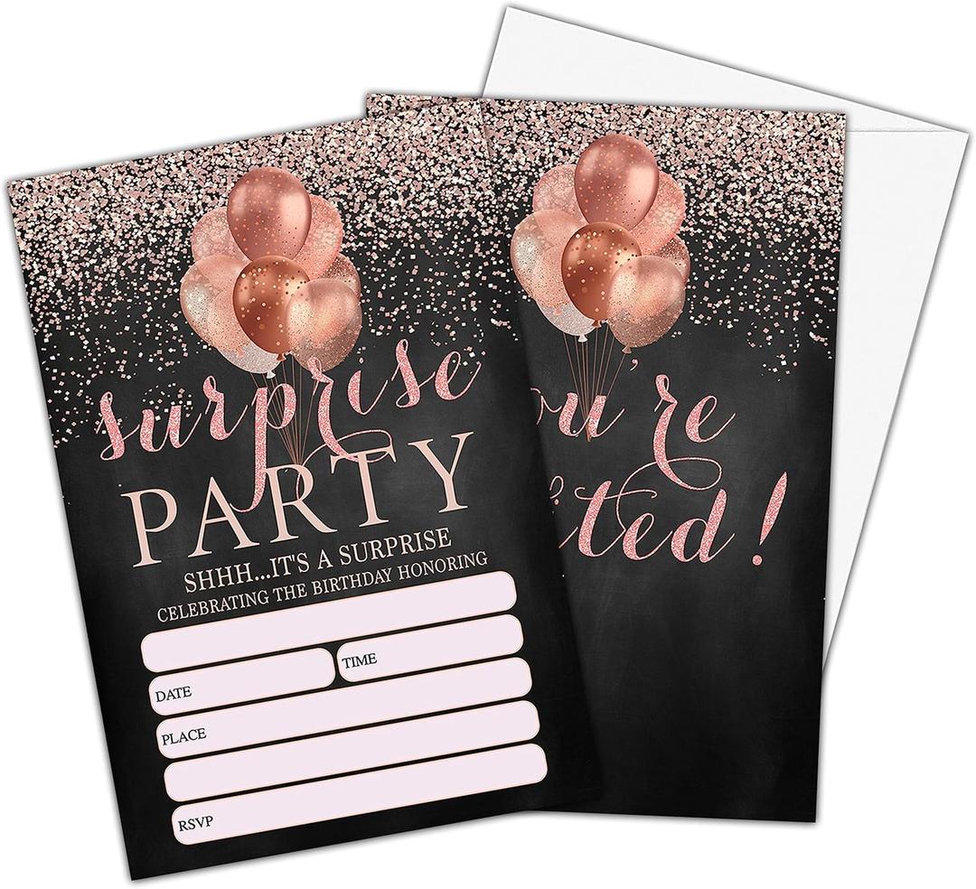 Shhh It's A Surprise Birthday Invitations, Rose Gold Glitter Birthday Party Invitations for Girls Boys, Surprise Birthday Invitation Cards, Party Supplies and Decoration, 20 Cards & 20 Envelopes -C05