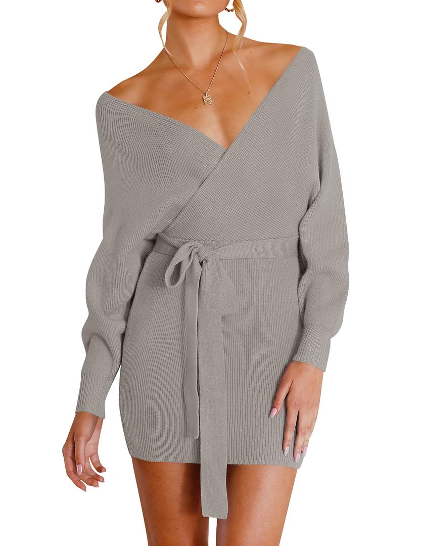 ZESICA Women's Fall Long Batwing Sleeve Wrap V Neck Knitted Backless Bodycon Pullover Sweater Dress with Belt,Grey,Large