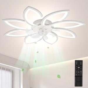 Ceiling Fan with Light and Remote, Decorative Flower Ceiling Fan with 34" Light, Adjustable Fan Speed, Light Brightness, Color Temperature, for Bedroom, Living Room(White)