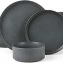 famiware Star Dinnerware Sets, Plates and Bowls Set for 4, 12 Pieces Ribbed Dishes - Chip and Scratch Resistant, Microwave and Dishwasher Safe Tableware, Matte Dark Charcoal