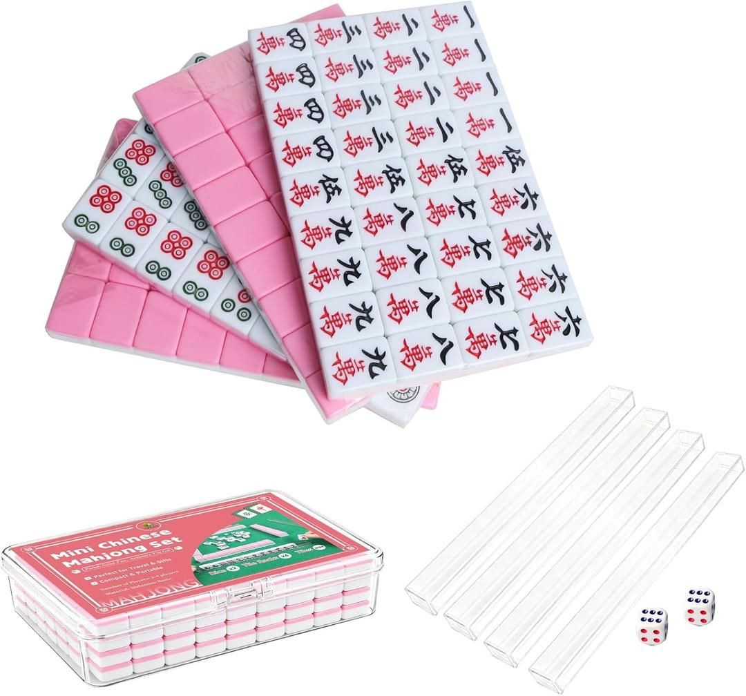 Mini Chinese Mahjong for Travel,144 Pcs Pink Mahjong Tile Set Cute,Portable Travel Mahjong Game for Beginners,Enthusiasts,Outdoor Fun|Complete Mahjong Game Set