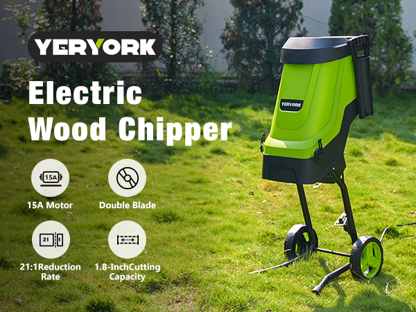 Yeryork 15-Amp Wood Chipper, 21:1 Reduction Electric Wood Chipper & Shredder, 1.8" Cutting Capacity with 48L Collection Bag, Powerful Mulcher for Composting Branches & Yard Waste(Fluorescent Green)
