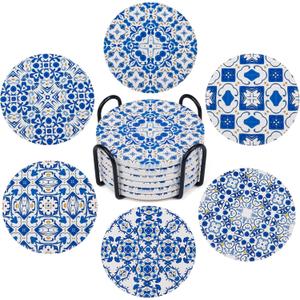 Ceramic Coasters for Drinks Absorbent - Metal Holder Set, Dry & Clean, Anti-Slip Cork Bottom - Blue and White Porcelain, Perfect for Living Room, Kitchen, or Outdoor Use