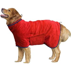 Dog Drying Coat - Fast Drying Dog Towel Robe - Microfiber Super Absorbent Pet Bathrobe, Adjustable Collar & Belly Strap Fast Drying Bath Robe Towel (Medium, Red)