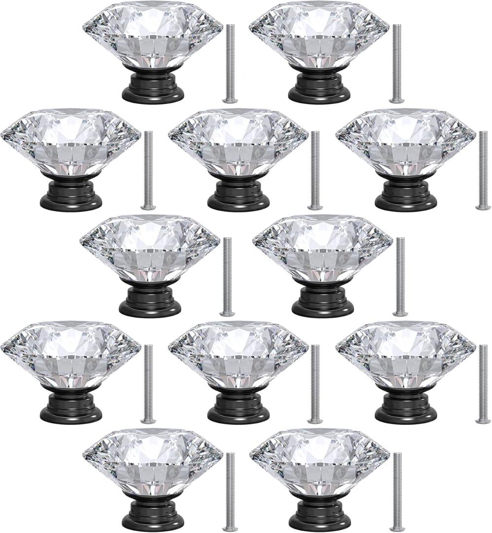 12-Pack Crystal Glass Cabinet Knobs for Home Decor, Vanity Drawers, Desks, Wardrobe Doors, Standard Screws Easy Installation for Home Refurbishment and Redecoration (Clear Crystal, 40mm, Black Base)