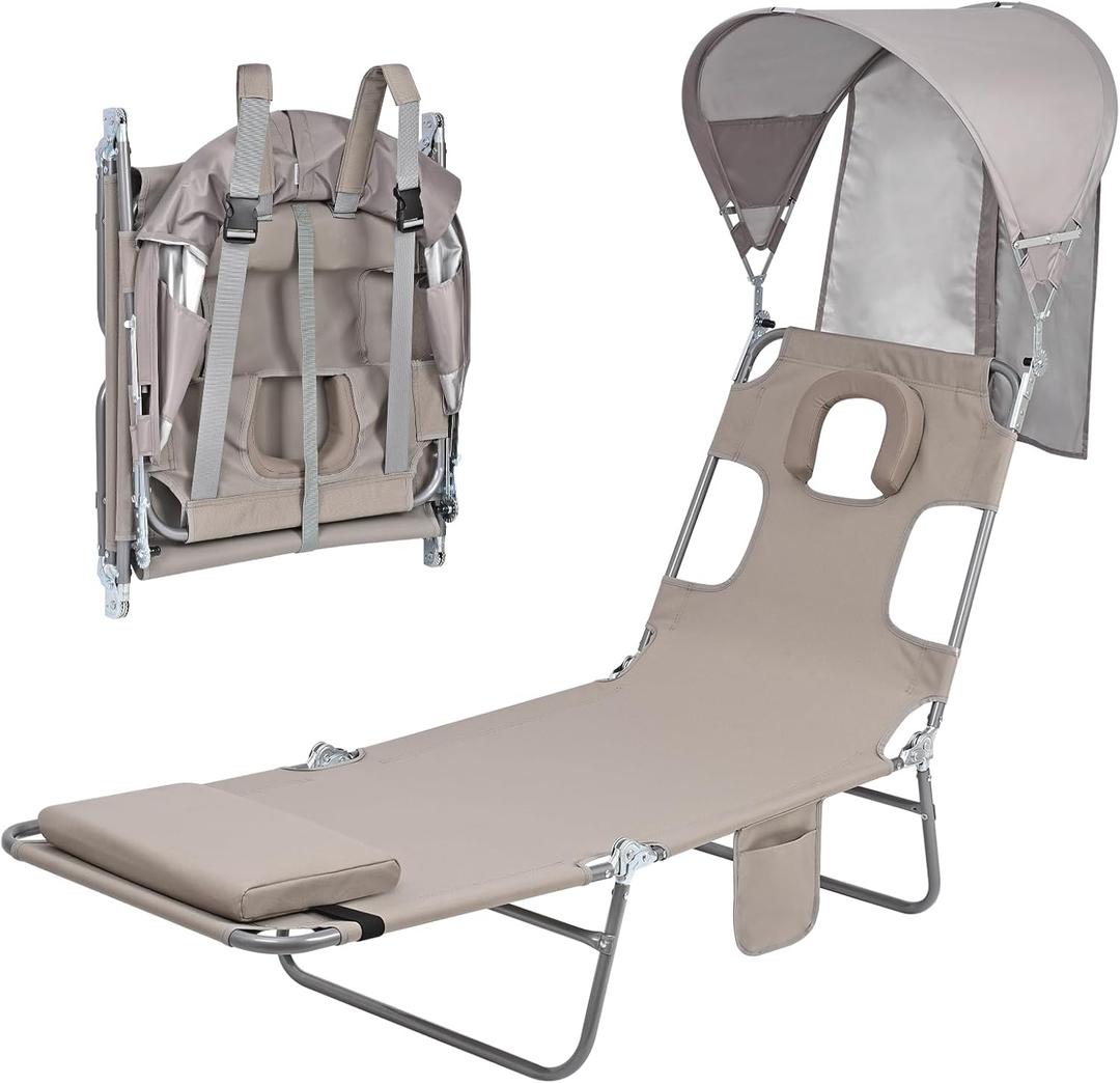 Backpack Beach Tanning Chair with Canopy Sun Shade & Face Hole, 6 Position Folding Lounge Sun Chair for Adults Outside Reading Sunbathing Poolside Camping Lawn, UPF 50+, Patent Design (Beige)