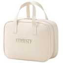 VIDIBESTY Travel Makeup Bag Skin-feel Leather, Large Capacity Cosmetic case for Women, Waterproof Portable Make up Organizer with Divider and Handle for Toiletries, Beauty Essentials (Beige)