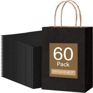 Qioxiou 60 Pack Black Gift Bags 5.91x3.15x8.27 Small Kraft Paper Gift Bags with Handles Bulk, Black Paper Sacks for Small Business, Retail, Shopping, Merchandise, Grocery, Wedding Birthday Party Favor