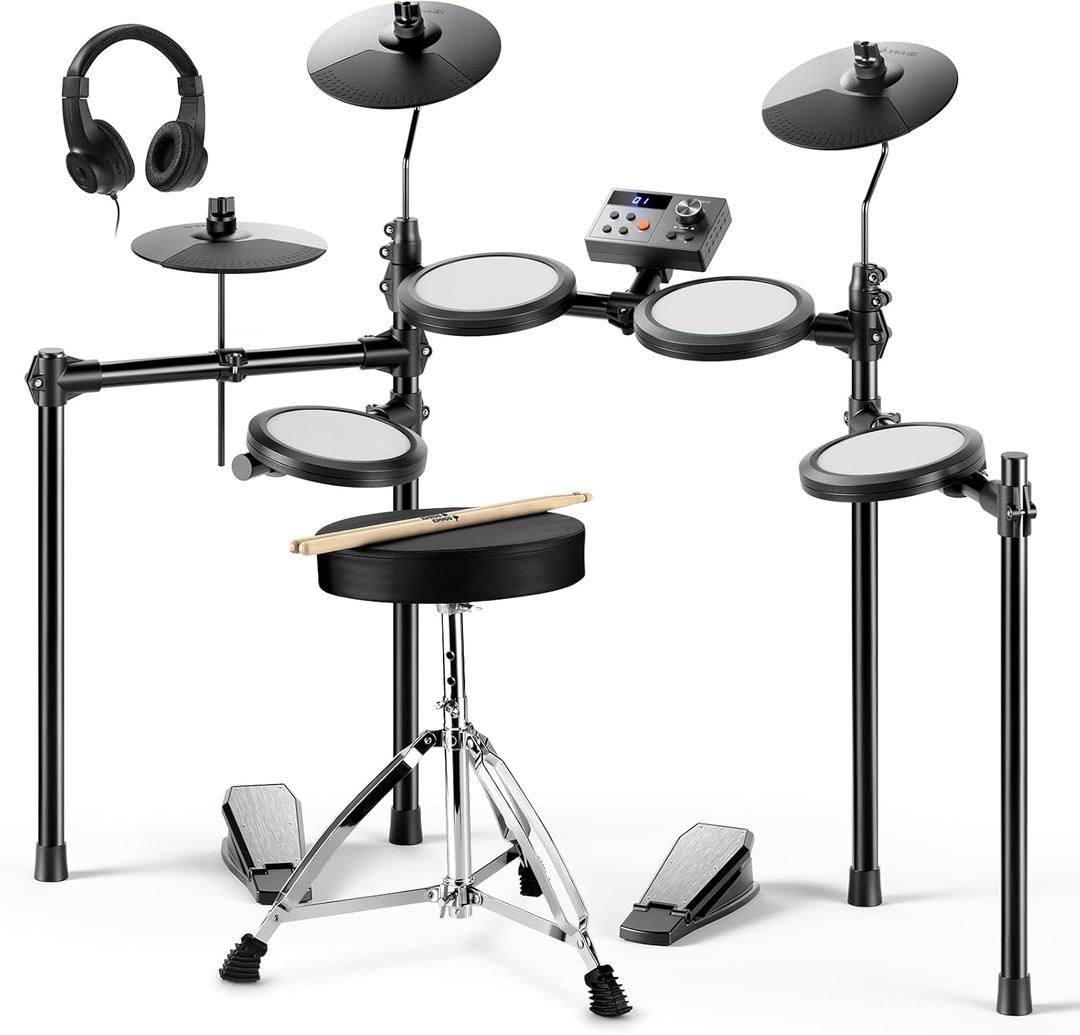 Donner Electric Drum Set, DED-70 Electronic Drum Kit for Beginner with 150 Sounds, 4 Quiet Mesh Pads, 9" Cymbals, USB MIDI, Type-C Charging, 2 Pedal, Throne, Headphones, Sticks, Melodics Lessons (Black)