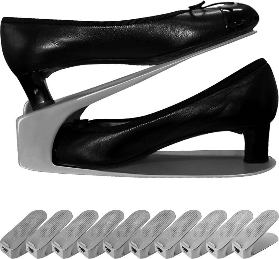 One-Piece Shoe Slot Organizer 10 Pack, Space-Saving Stackers for Closet, Entryway & Shoe Rack | No Assembly Needed (Gray)