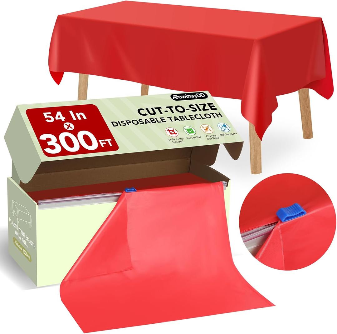 54 in X 300 FT Red Plastic Table Cover Roll with Slide Cutter, Cuts Up to 36 Rectangle 8 Feet Disposable Plastic Table Cloths, Disposable Table Cover Roll for Dinning, Parties, BBQ, Wedding, Outdoor