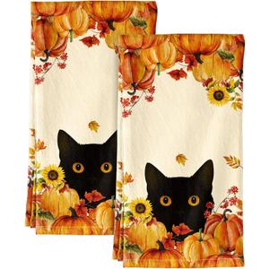 Flour Sack Kitchen Towels Set of 2-18x26 Inch Cotton Dish Towels with Hanging Loop Absorbent Reusable Cloths for Cleaning Cute Autumn Fall Home Decor Housewarming, Autumn Two Cats