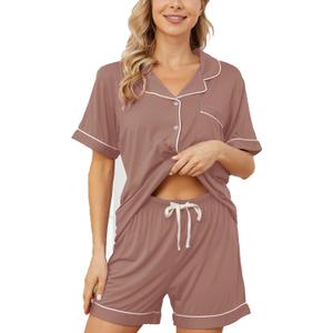 Womens Pajama Sets Short Sleeve Sleepwear Soft Button Down Nightwear Lounge Pj Set XS-XXL (Brown, M)