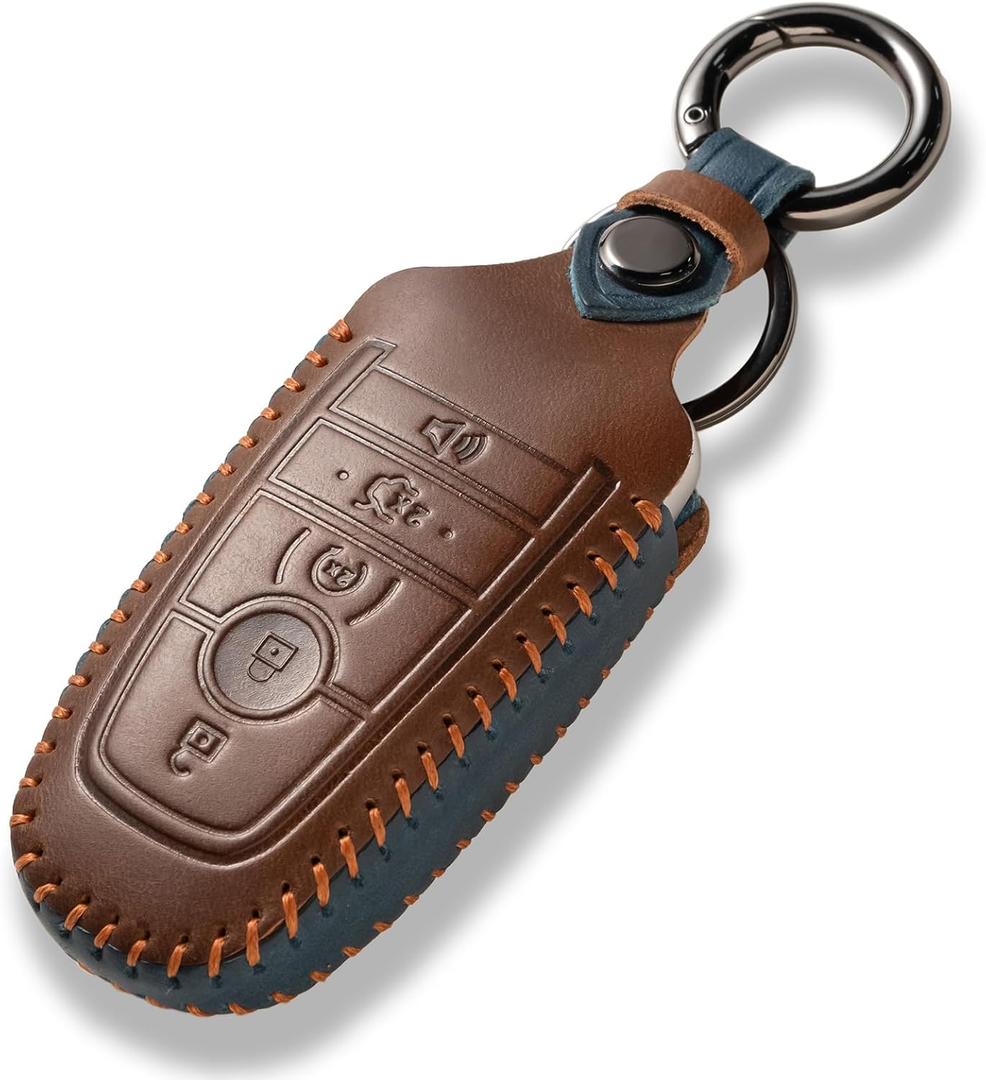 MILD EAST for Ford Leather Car Key Cover, Remote Key Fob Cover Compatible with F150 F250 F350 F450 F550 Lincoln Mustang Fusion Expedition Explorer Escape Edge (5 Buttons,Brown)