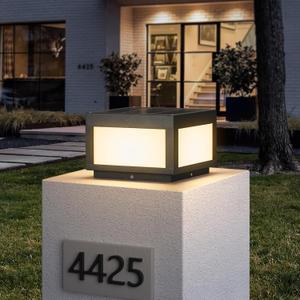 Solar Post Light, 9.8" Outdoor Column Pillar Lamp Dusk to Dawn IP54 Waterproof, Dark Gray Square Fence Posts Cap Lantern 3000K Warm White LED Landscape Lighting for Patio Garden Deck Outside
