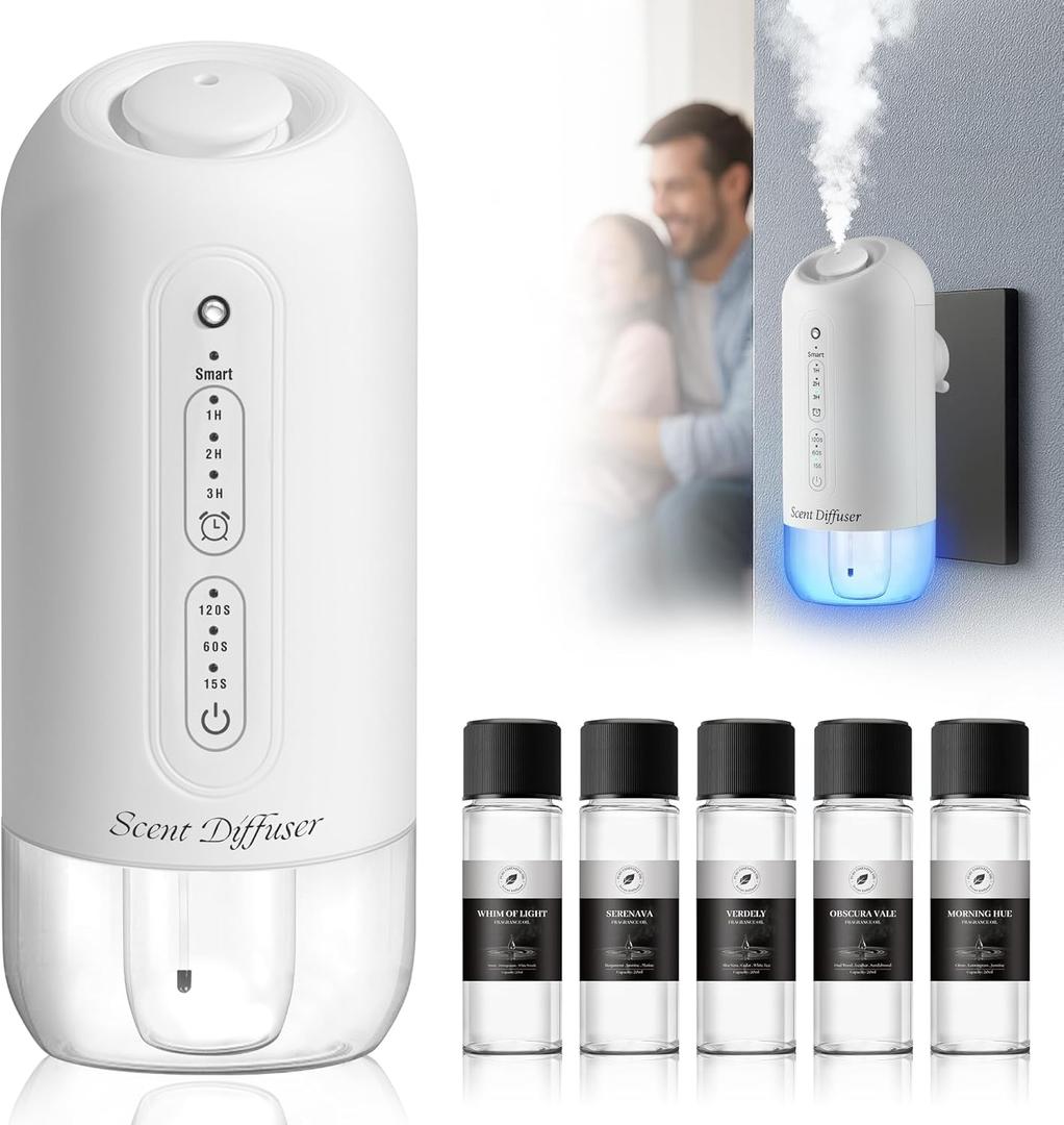 Plug in Diffuser Starter Kit  Waterless Scent Diffuser with 5 Essential Oils, 700 Sq Ft Coverage, Smart Wall Design, ColdAir Mist, 3 Mist Levels & Blue Ambient Light for Home or Small Spaces, White