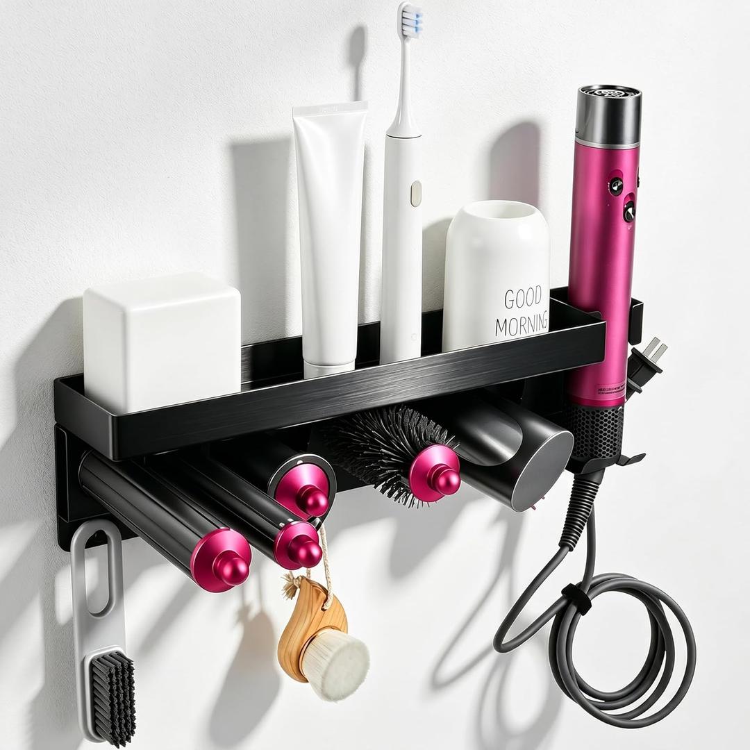 Aluminum Hair Tool Organizer Wall Mount & Countertop Hair Dryer Holder for Dyson Airwrap Styler and Supersonic Hair Dryer with 7 Slots Bathroom Accessories Rack, Black