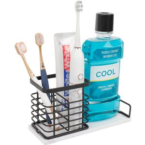HarJue Toothbrush Holder, Luxurious Metal Toothbrush Toothpaste Holder with Marble Base for Bathroom, Multi-Slots Openwork Design, Bathroom Accessory for Storage and Organizer (Large, Matte Black)