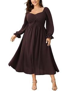 SCOMCHIC Women's Plus Size Wedding Guest Cocktail Dresses Fall Sweetheart Neckline Long Sleeve A Line Formal Maxi Dress Brown (XL)