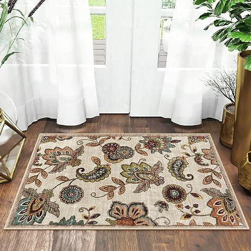 Morebes Vintage Floral Small Kitchen Rug,2x3 Rug Non Slip, Washable Paisley Design Door Rugs for Entryway Indoor,Non Shedding Kitchen Sink Throw Carpet for Bathroom Laundry, Beige Ivory