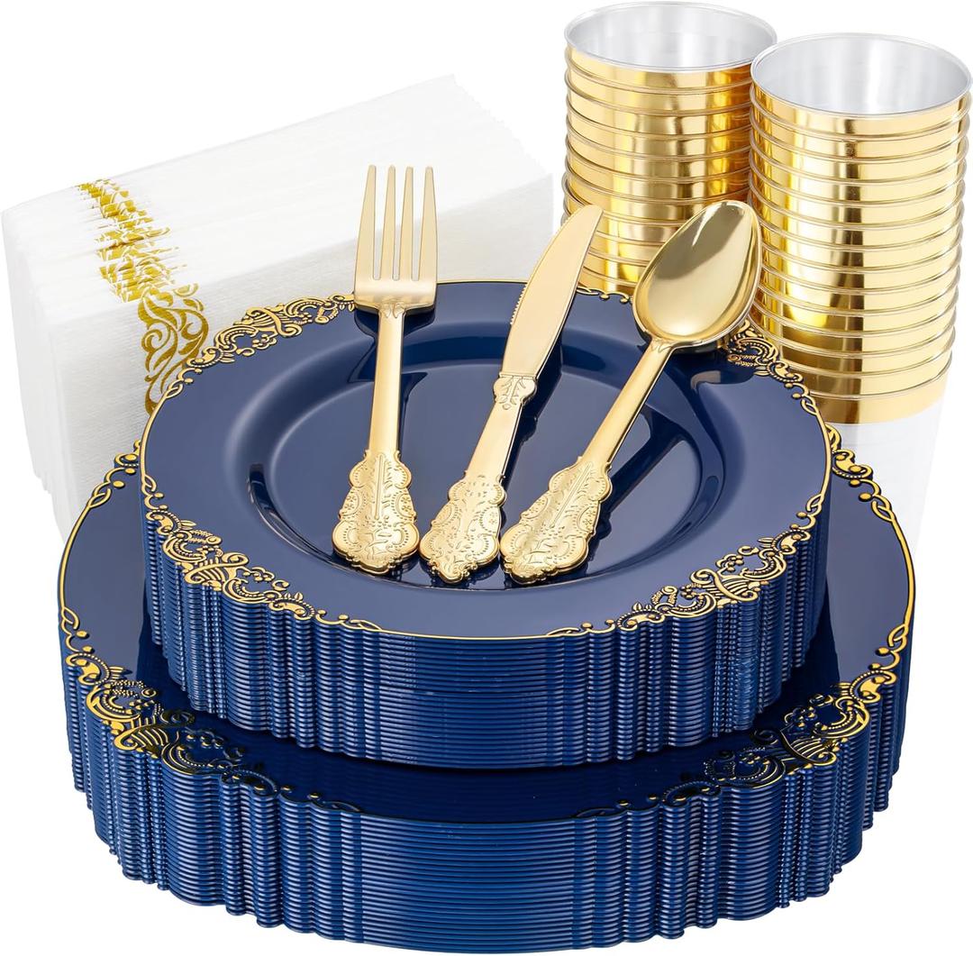 Nervure 175PCS Blue Plastic Plates - Blue Gold Plastic Dinnerware Set Disposable Include 50 Plates for Dinner and Dessert, 25Knives, 25Spoons, 25Forks, 25Cups, 25Napkins for Weddings & 4th of July (Navy)
