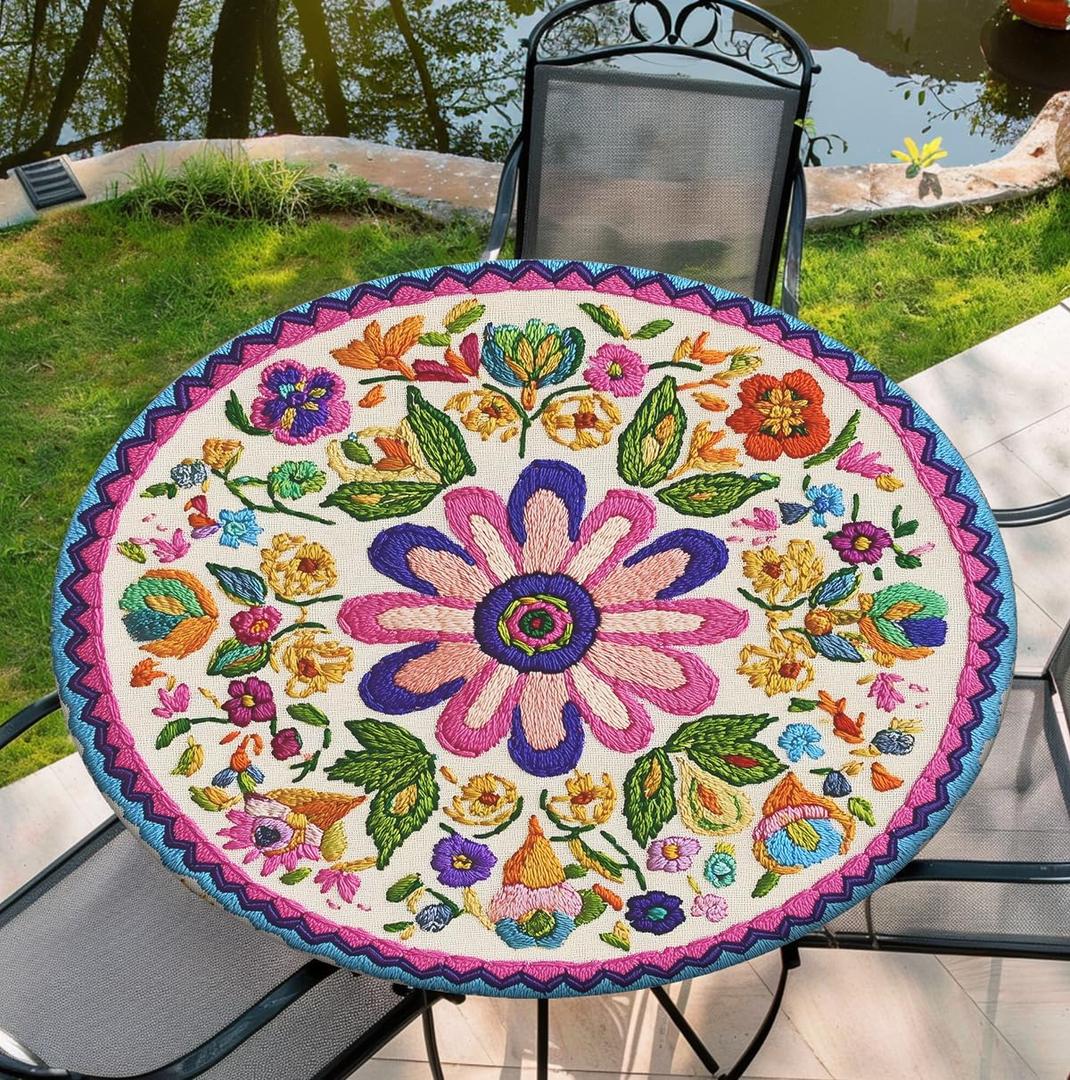 Round Tablecloth Waterproof Fitted Boho Colorful Tablecloths Decor for Home Kitchen Dining Party Patio Indoor and Outdoor, 60 Inch