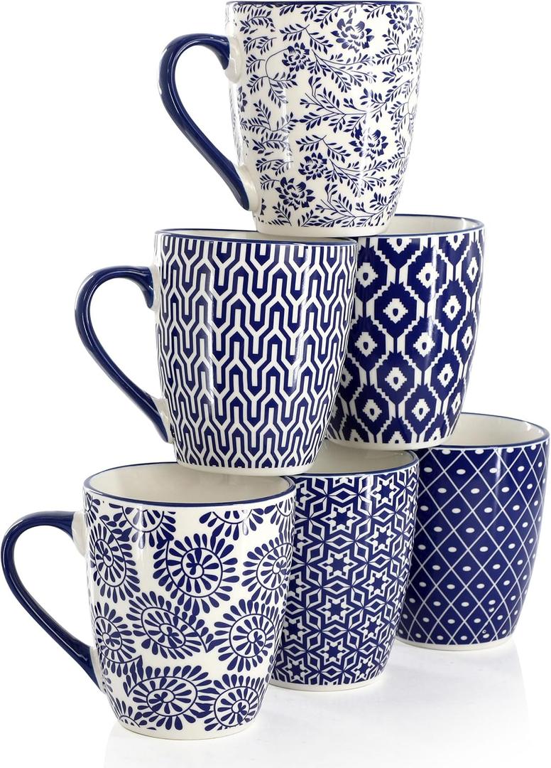 Elama Declan 12 Ounce Assorted Design Stoneware Mug Set in Blue and White, 6 Piece Set Elama Declan 12 Ounce Assorted Design Stoneware Mug Set in Blue and White, 6 Piece Set