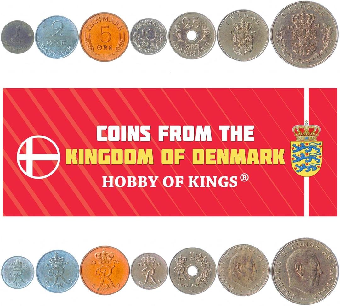7 Coins from Denmark | Danish Coin Set Collection 1 2 5 10 25 Ore 1 5 Kroner | Circulated 1960-1972 | Oak Branch | Frederik IX