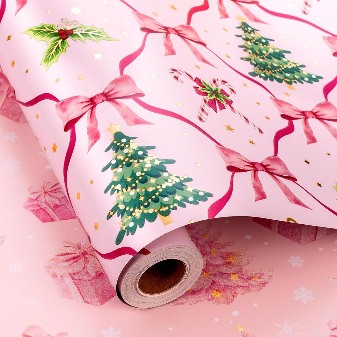 Yarcony Reversible Pink Christmas Wrapping Paper Jumbo Roll for Girsl Women