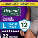 Depend Night Defense Adult Diapers, Incontinence Underwear for Men, Disposable, Overnight, Large, Grey, 22 Count