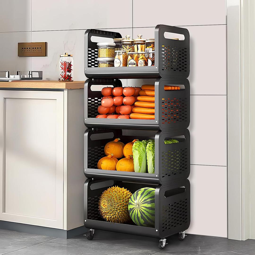 Snack Cart with Wheels for Kitchen Organizer and Storage, 4 Tier Rolling Utility Cart Snack Bar Station Cabinet, Produce Fruit Vegetable Candy Storage Rack Stand for Kitchen Pantry Bedroom