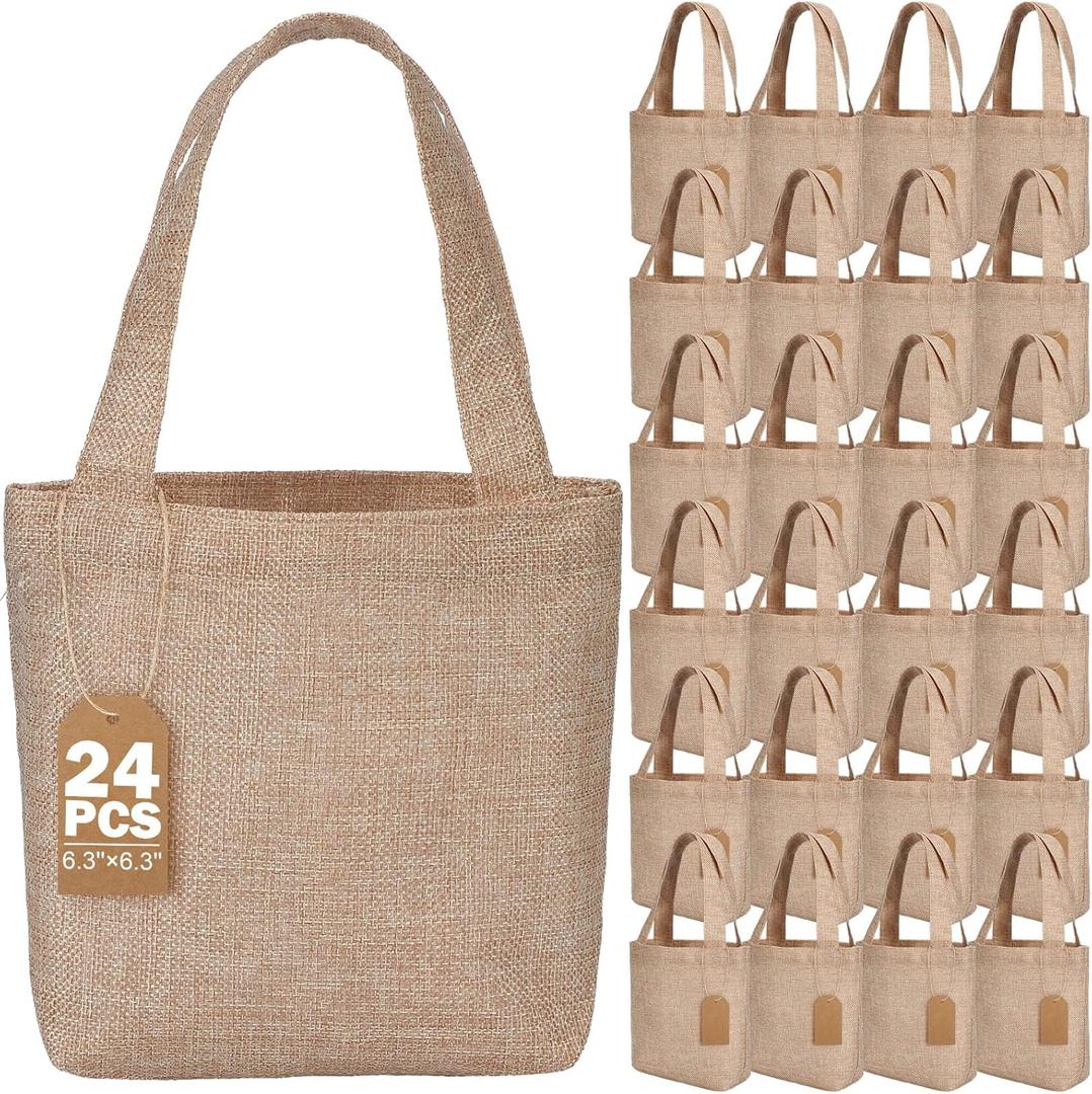 Aliceset 24 Pcs Mini Burlap Tote Bags with Handles Reusable Burlap Gift Bags with Tags Small Wedding Welcome Bridesmaids Jute Bag Bulk for Party Supplies DIY Craft (6.3 x 6.3 x 2.8 Inch,Light Brown)