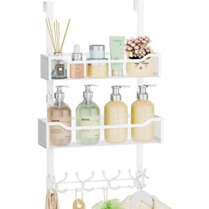 SWTYMIKI Over The Door Hook with 16 Hooks & 2 Mesh Baskets - Heavy Duty Over The Door Organizer Hanger for Towels, Coats, Clothes - Space Saving Hanging Rack for Bathroom, Living Room, White