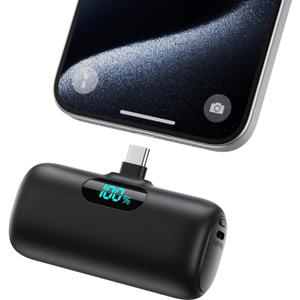 Mini Portable Charger USB C Power Bank,Upgraded 5000mAh PD Fast Charging Battery Pack Built-in USB-C Connector,LCD Display,Compatible with iPhone16,16 Plus,16Pro/Max/15,iPad Pro/Air,Android Phone etc