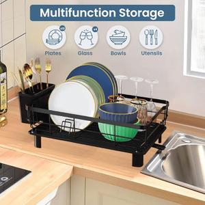 Elashy Dish Drying Rack,Dish strainers for Kitchen Counter,Dish Racks with Removable Utensil Holder,Dish Drying Rack with Drainboard and Extra Drying Mat(Black) 