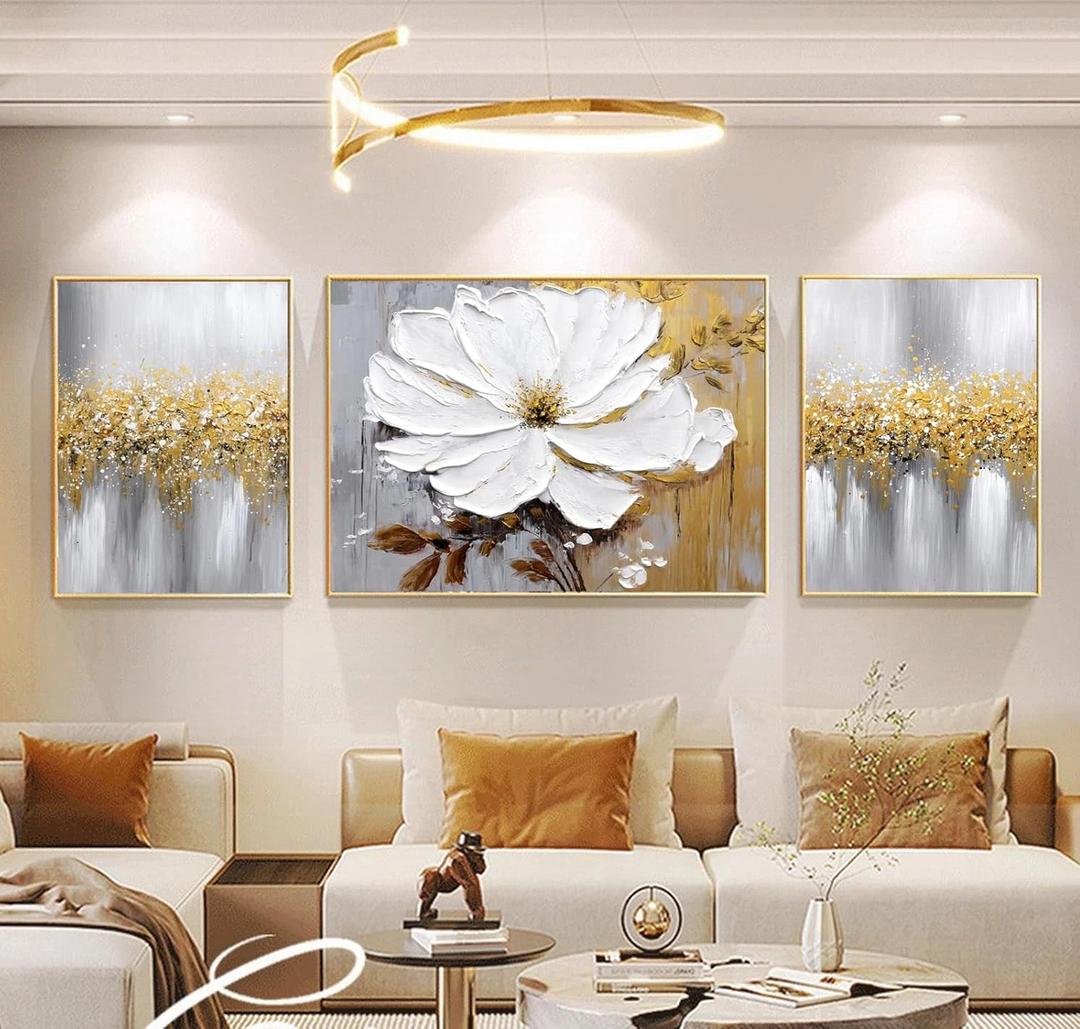 Hand-Painted Flower Oil Painting for Living Room,Framed 3D Gold and White Abstract (24x36 inches Middle Piece and 16x24 inches Side Pieces) Hand-Painted Flower Oil Painting for Living Room,Framed 3D Gold and White Abstract (24x36 inches Middle Piece and 16x24 inches Side Pieces)