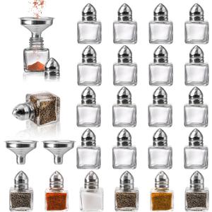 Set of 24 Small Salt and Pepper Shakers, 0.5 oz Mini Glass Seasoning Jars with Funnel, Glass Cube Body Spice Pepper Pots for Wedding, Party, Restaurant, Home Kitchen Supplies