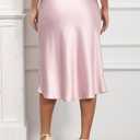 ALCEA ROSEA Women High Waist Silky Satin Midi Skirt Elastic Waist A Line Skirt with Slit (Pink, Medium)