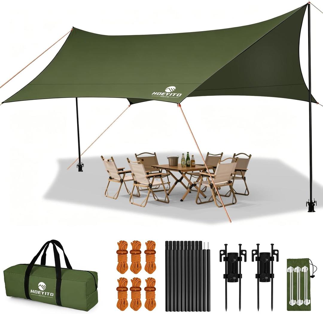 Camping Tarp with Poles & Retainer, 15x12.5FT Large Waterproof 210D Oxford Cloth Camping Canopy, Anti-UV UPF100+ Camping Awning Tent Tarp Car Awning for Outdoor, Picnic, Car, Hammock (Army Green)