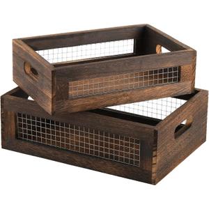 Dicunoy Set of 2 Rustic Nesting Boxes, Wooden Organizer Crates Basket, Small Decorative Wood Wire Containers with Handle for Countertop, Fruit, Veggies, Kitchen, Bathroom, Pantry Storage, Gift Basket