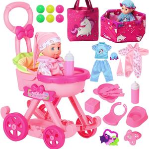 HUITEM Baby Doll Stroller Toys Set, 17 PCS Baby Doll Accessories Stroller Toys with Baby Dolls,2 Sets Doll Clothes, Playpen, Handbag, Feeding Nursery Pretend Play Gifts for Girls Toddlers 3 4 5