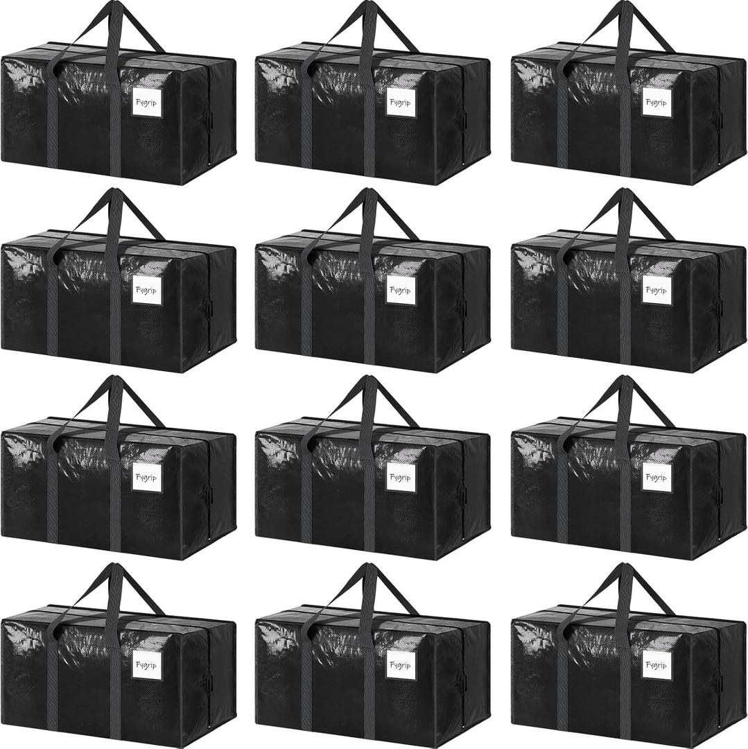 12 Pack Extra Heavy Duty Large Moving Bags with Strong Zipper & Comfortable Handles, Sturdy & Durable Clothes Storage Bags Totes Bins, Packing Moving Boxes for College Supplies, Black