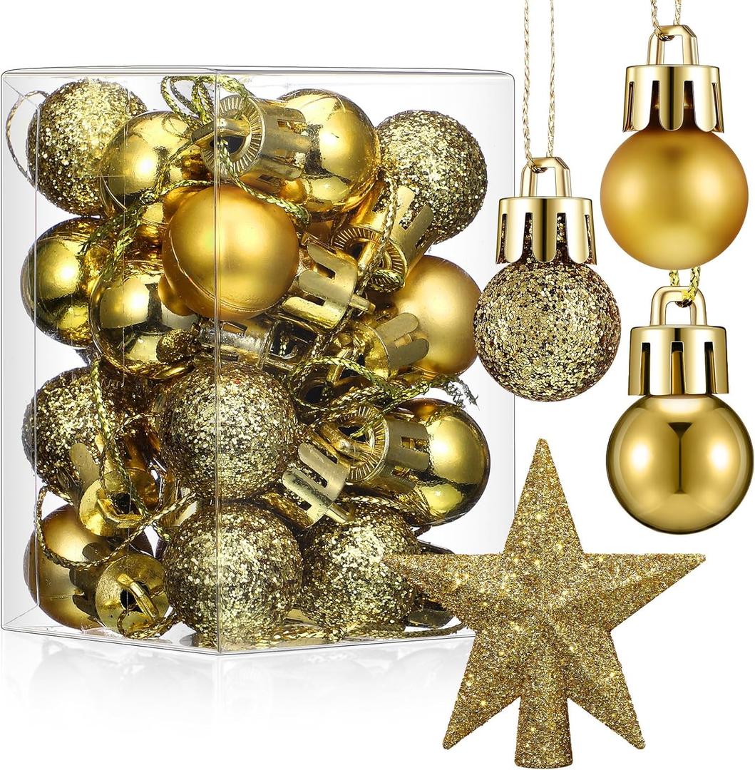 25 Pcs Mini Christmas Balls Ornaments Set 0.79 Inch Christmas Day Ball Topper Star Tree Hanging Ornaments for Party Decoration(Gold)