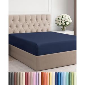 Full Fitted Bed Sheet - Bottom Single Fitted Sheet Only - Ultra-Soft Hotel Luxury Bedding w/ 8-16 Inch Deep Pockets - Breathable, Cooling & Wrinkle Free - Easy-Fit, Fade & Shrink Resistant - Navy Blue