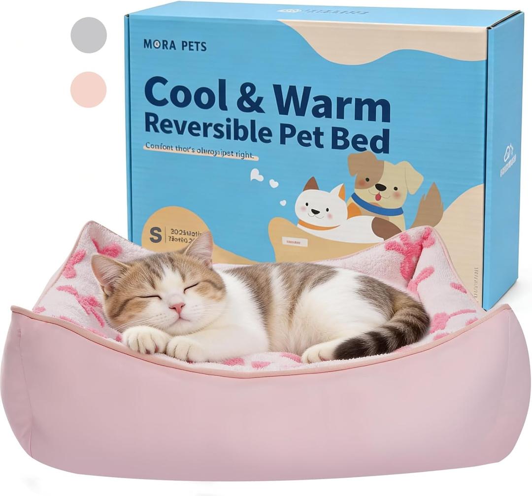 Mora Pets Reversible Cat Bed for Indoor Cats and Small Dogs Washable - Cool & Warm 2-in-1 Anti Anxiety Calming Pet Bed for Summer, Rectangle Puppy Bed with Cute Pink Bow (20x19x6)