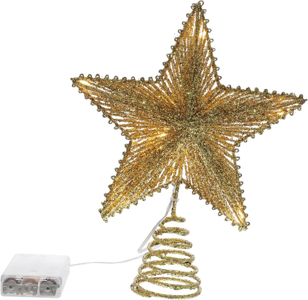 Lovely Glittered Star Tree Topper with LED String Lights Elegant Five-Pointed Christmas Tree Decoration for Festive Home Party and Holiday Atmosphere Enhancer