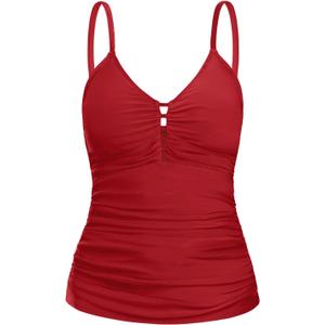 Ocean Blues Women's Retro Tankini Swimsuit Shirring Tummy Control Tankini Top Only (Medium, Red)