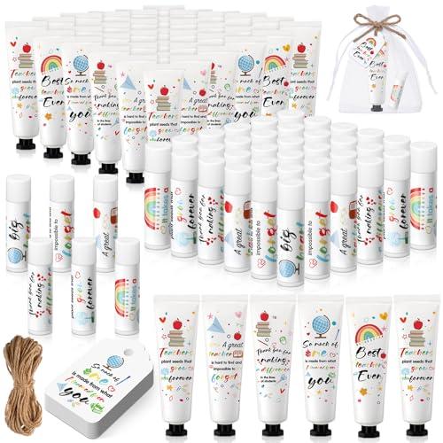 Dimsile 48 Set Appreciation Teacher Gifts Bulk Lip Balm Hand Cream Thank You Gift with Cards Organza Bags Travel Size Moisturizing Hand Lotion for Back to School Appreciation Teacher Gifts