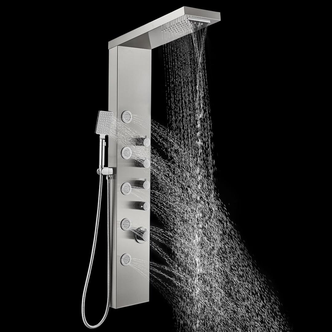 ROVOGO Shower Panel Tower with Rainfall Waterfall Shower Head, 5 Body Jets and 3-Function Handheld, High Pressure Rain Massage System, Wall-Mount Shower Column, 304 Stainless Steel Brushed